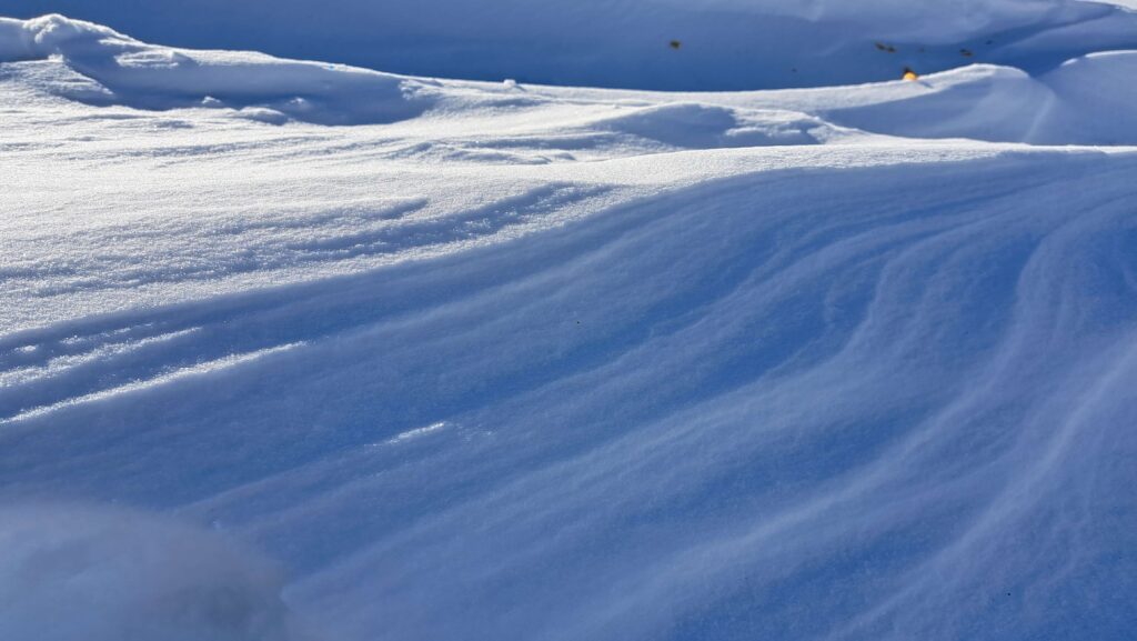 Nahaufnahme von Schneeverwehungen mit glatten, wellenförmigen Mustern und weichen Schatten, wobei das Sonnenlicht die Textur und die Konturen hervorhebt - wie stille Trauerwellen, die die Winterlandschaft der Ostschweiz sanft formen.